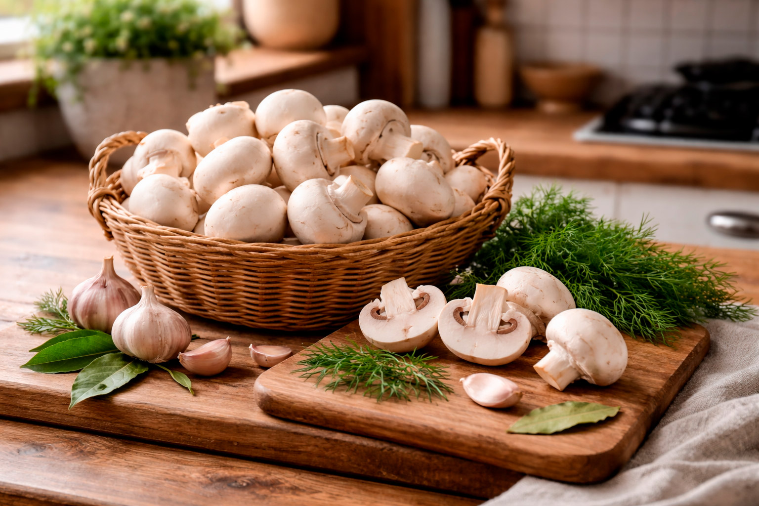 Корзина со свежими белыми шампиньонами