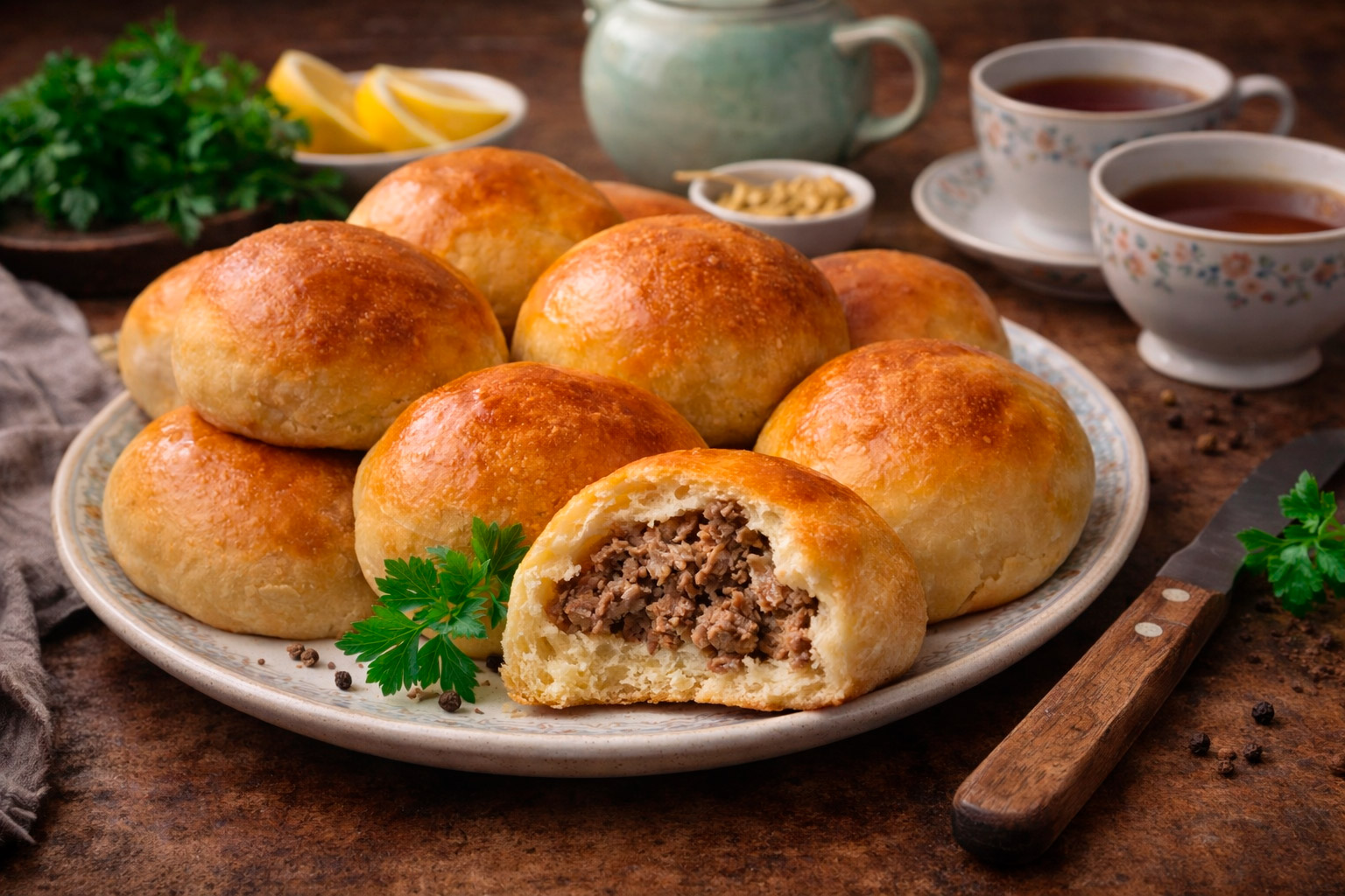Свежие пирожки с мясом на блюде