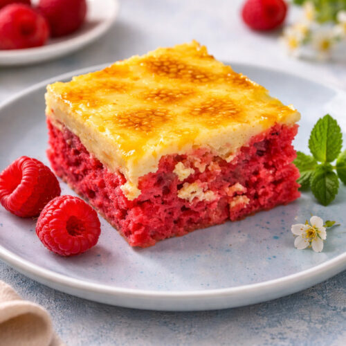 Розовый десерт — мраморный бисквит с грецкими орехами на белой тарелке.