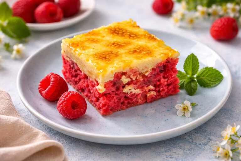 Розовый десерт — мраморный бисквит с грецкими орехами на белой тарелке.