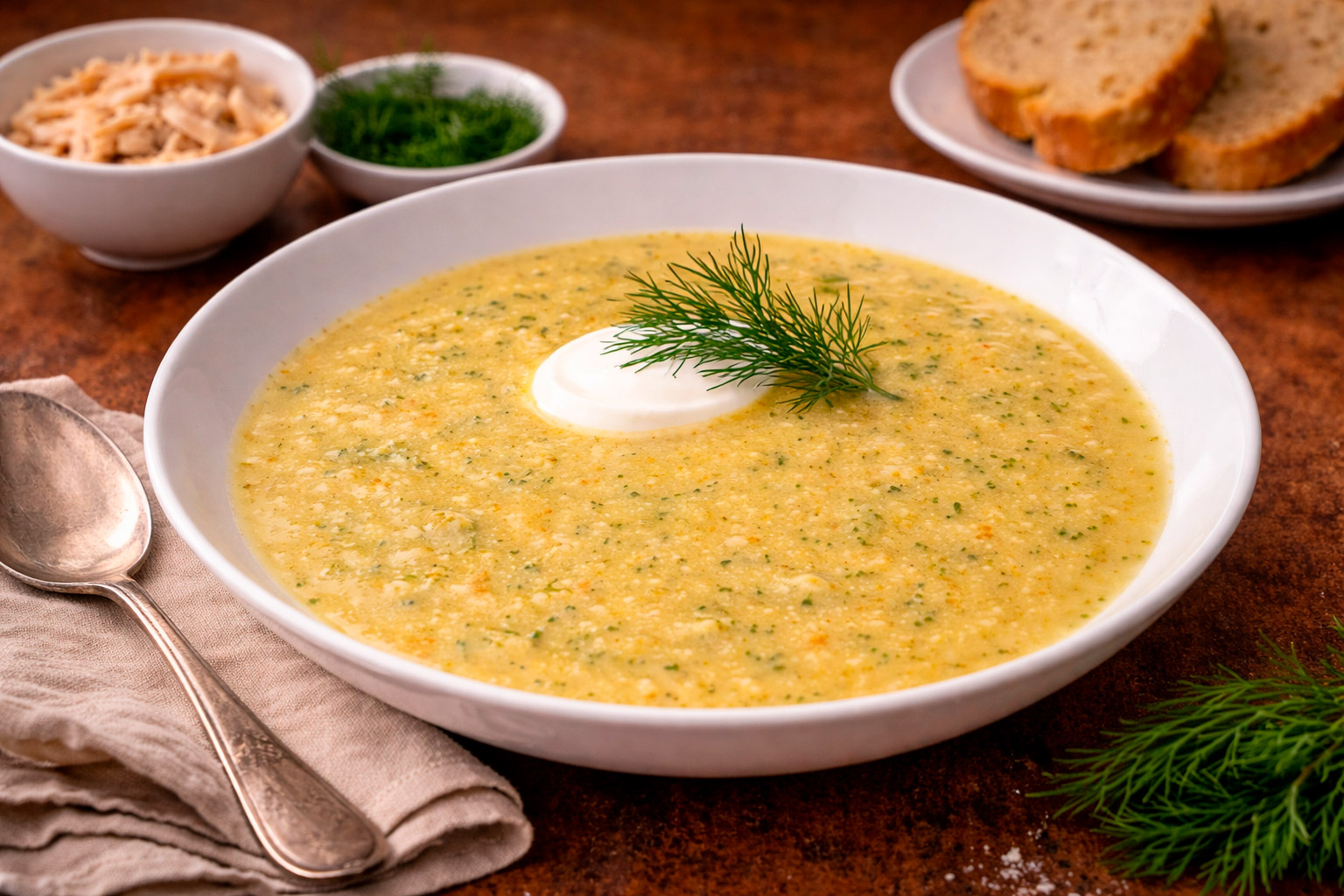Суп-пюре с куриной грудкой в белой тарелке
