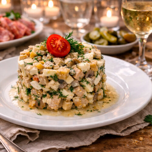 Куриный салат с грибами на тарелке