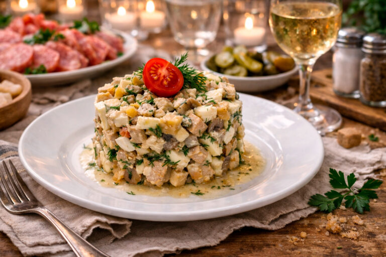 Куриный салат с грибами на тарелке