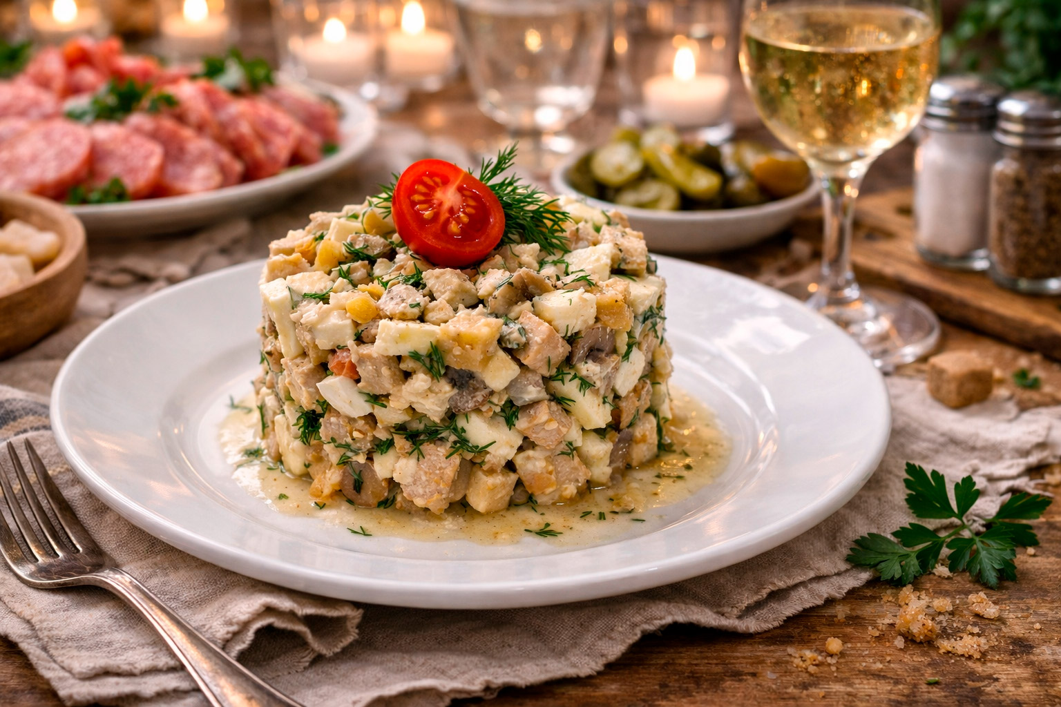 Куриный салат с грибами на тарелке