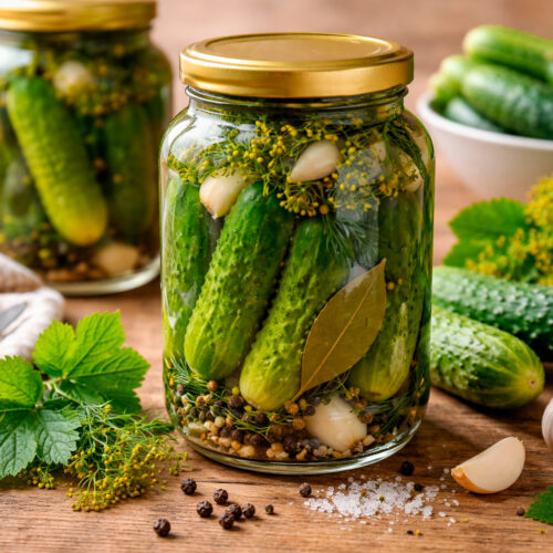 Хрустящие маринованные огурцы в литровой банке с укропом и чесноком