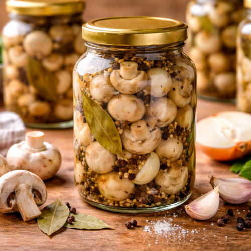 Маринованные шампиньоны в стеклянной банке с чесноком и специями