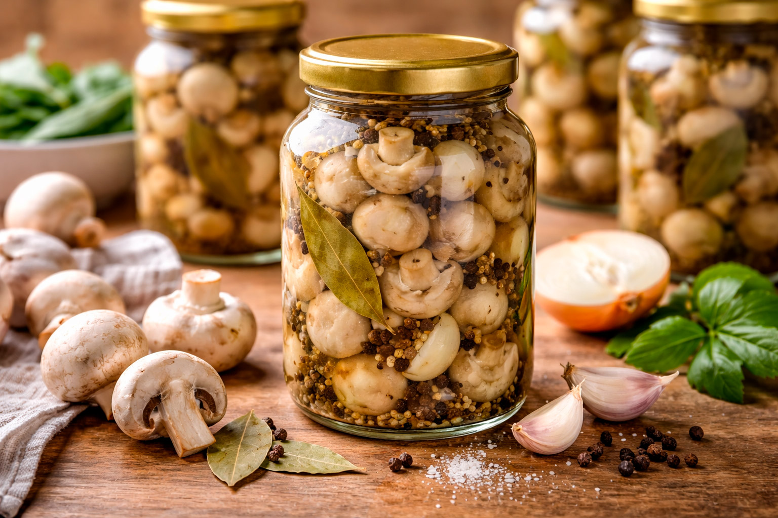 Маринованные шампиньоны в стеклянной банке с чесноком и специями