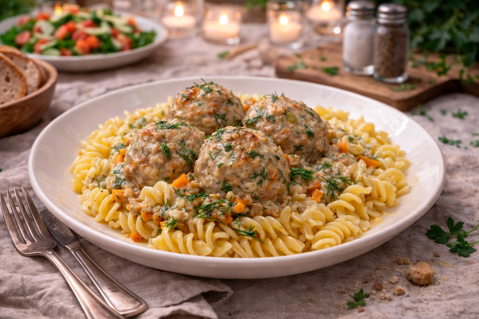 Тефтели в сметанном соусе на тарелке с макаронами