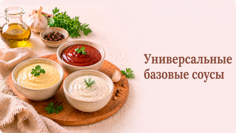 Разнообразные базовые соусы, майонез, кетчуп, горчичный