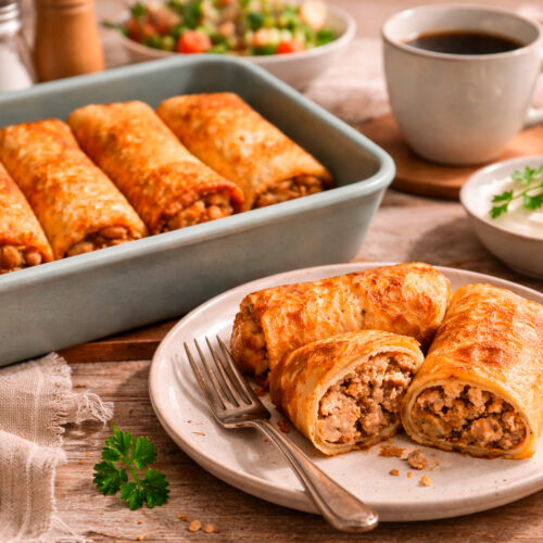Сочные блины с мясной начинкой и сметаной крупным планом