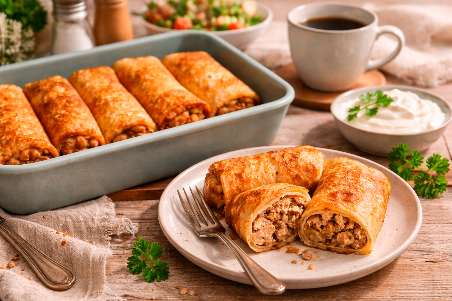 Сочные блины с мясной начинкой и сметаной крупным планом