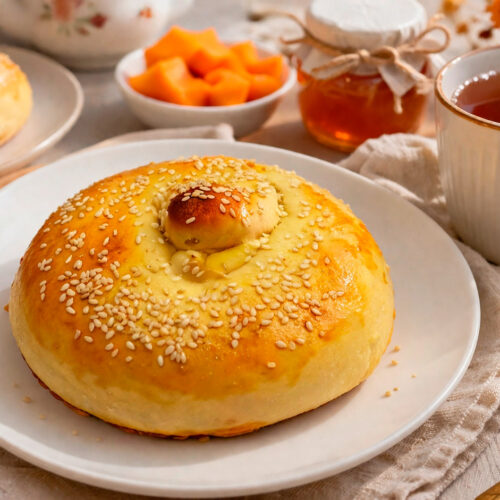 Булочки с тыквой и луком, посыпанные кунжутом, на деревянной доске