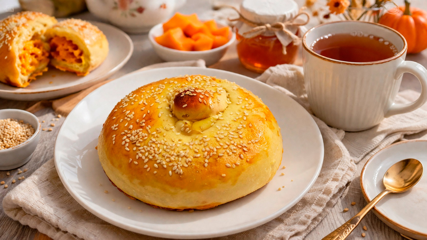 Булочки с тыквой и луком, посыпанные кунжутом, на деревянной доске