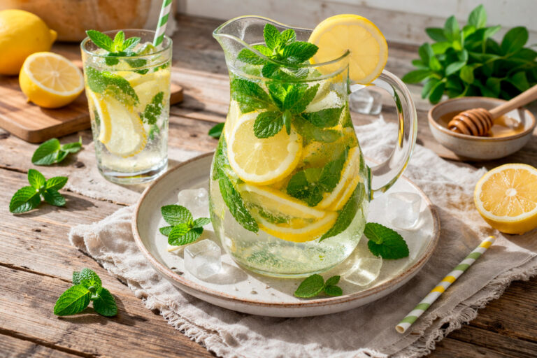 Домашний лимонад с мятой и лимоном в прозрачном кувшине