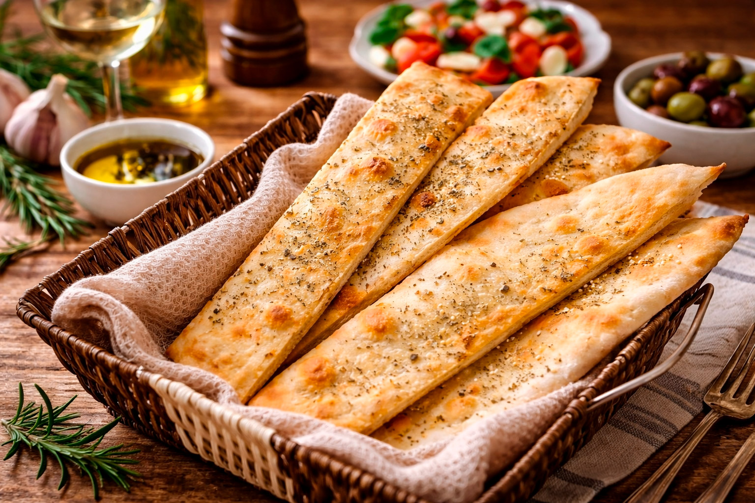 Хрустящая итальянская фокачча с чесноком и травами в хлебной корзинке