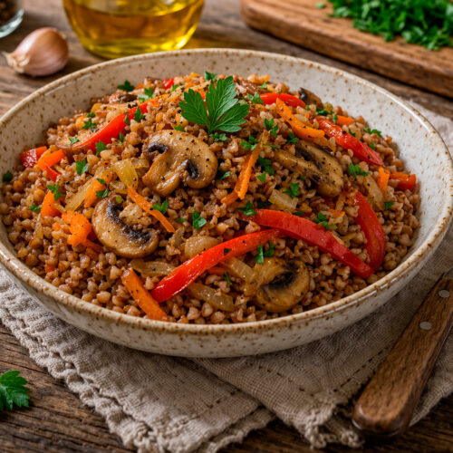Рассыпчатая гречка с сочными овощами и зеленью