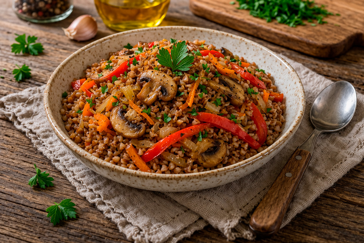 Рассыпчатая гречка с сочными овощами и зеленью