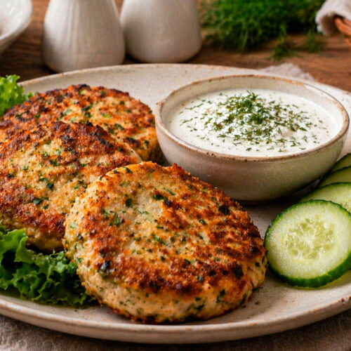 Куриные котлеты с кабачком и соусом в тарелке