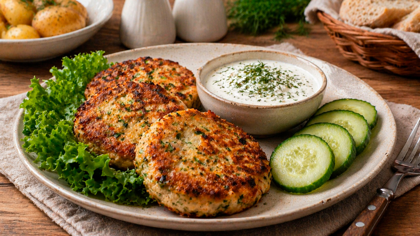 Куриные котлеты с кабачком и соусом в тарелке