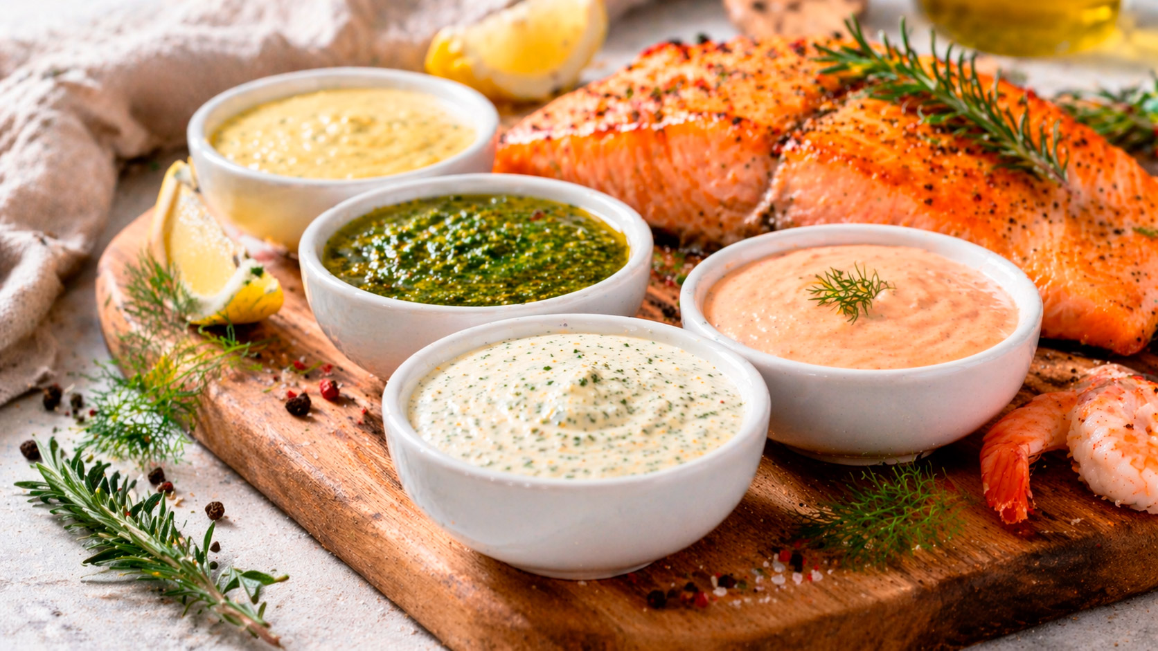 Соусы к рыбе и морепродуктам в соусниках на кухонном столе