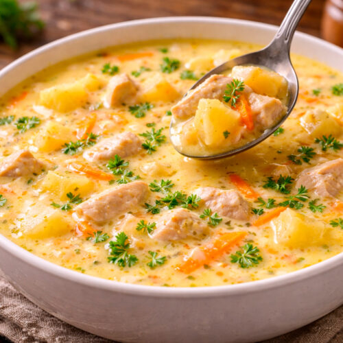 Сырный суп с курицей и картофелем в глубокой тарелке крупным планом