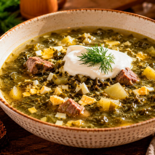 Зелёный борщ со щавелем и мясом в тарелке со сметаной