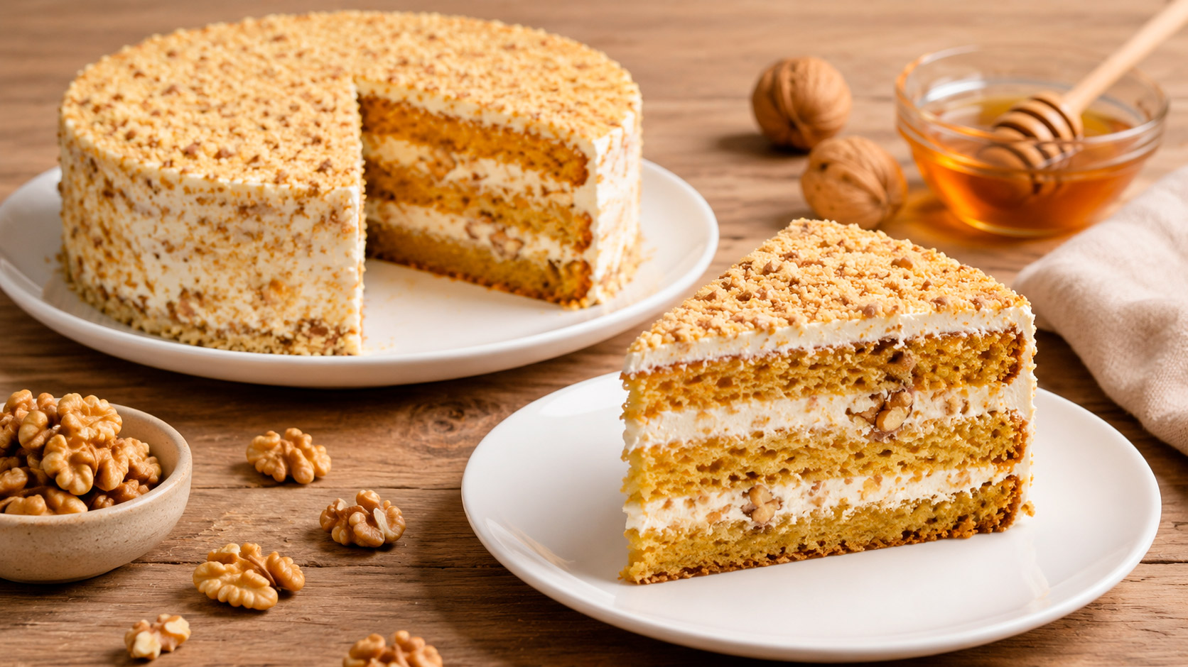 Нежный медовый торт с орехами на тарелке с чашкой чая