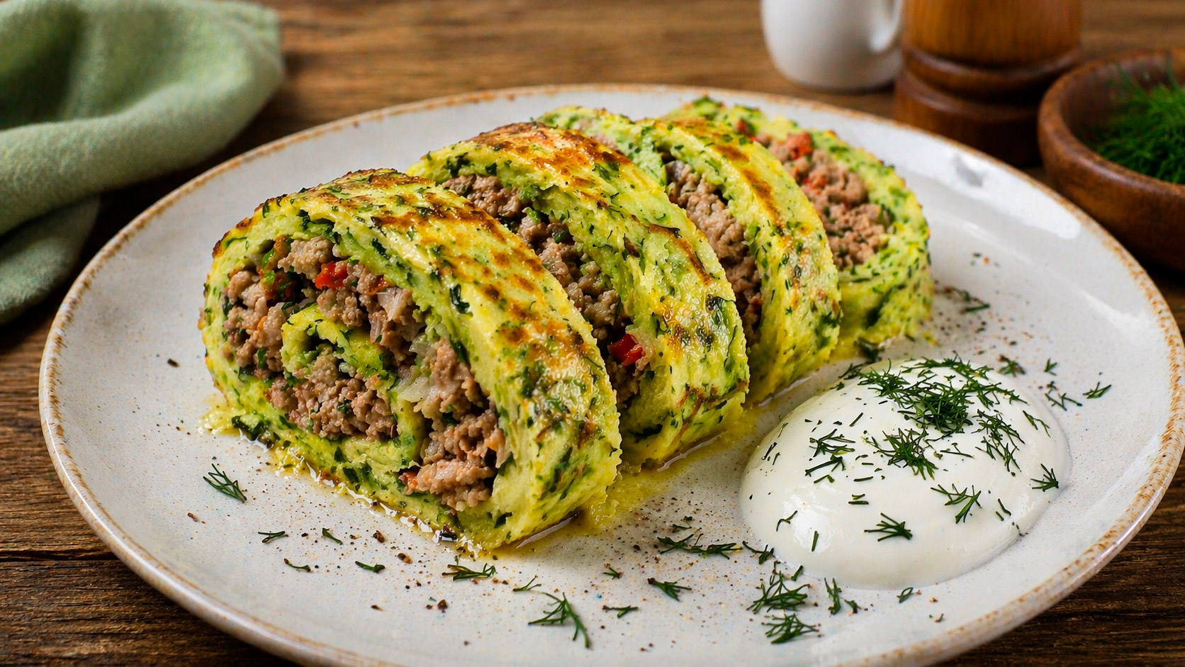 Готовый рулет из кабачка с куриным фаршем порционно на тарелке