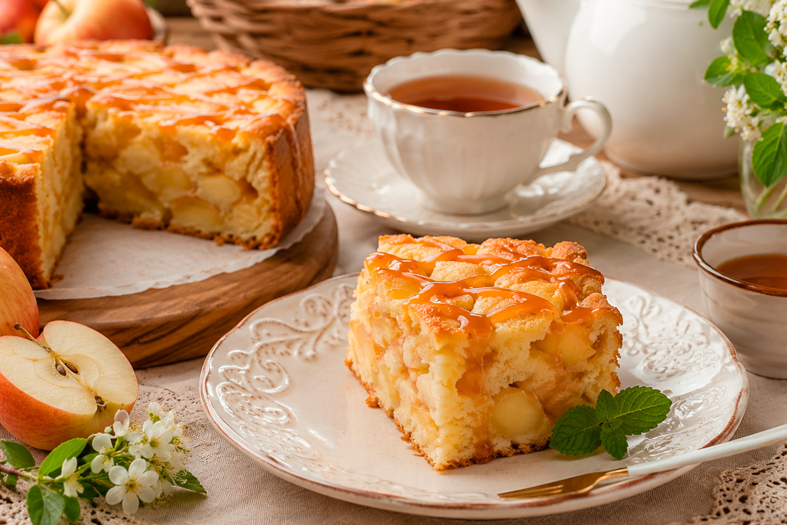 Пышная шарлотка с яблоками на тарелке в разрезе с кусочками яблок
