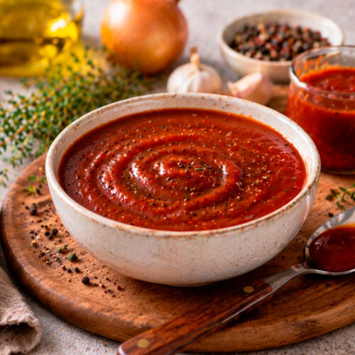 Густой классический красный соус к мясу в керамическом соуснике крупным планом