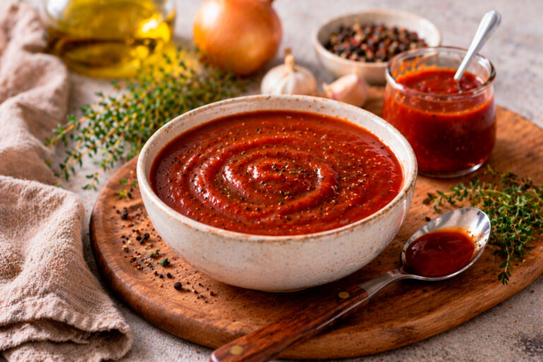 Густой классический красный соус к мясу в керамическом соуснике крупным планом