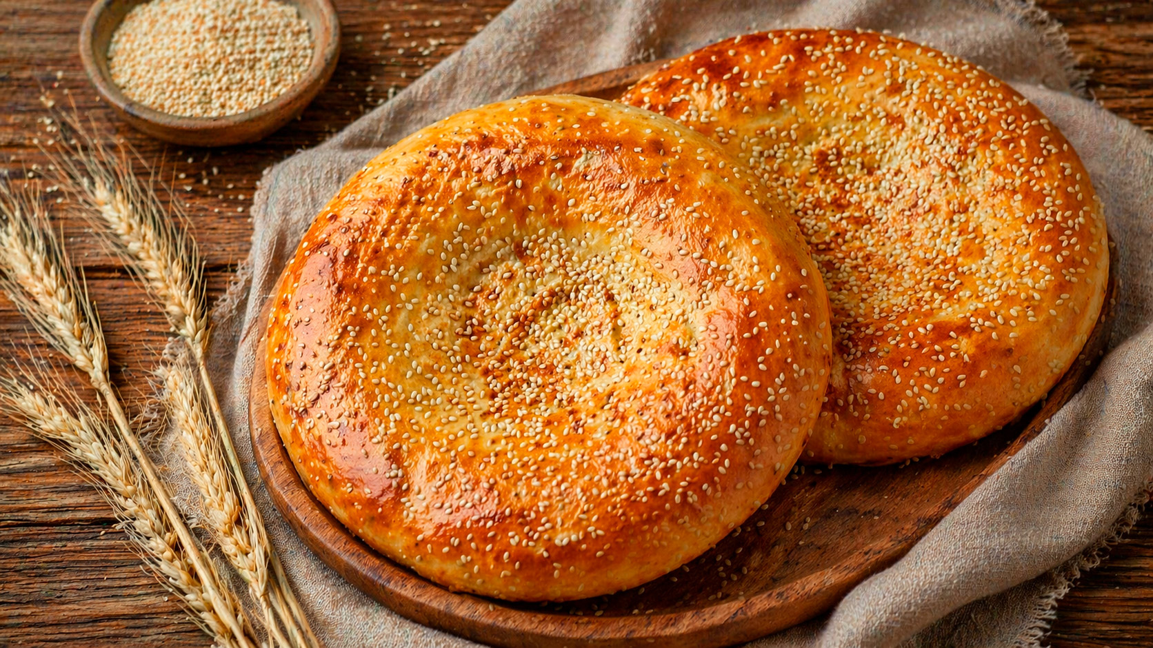 Узбекские лепёшки с кунжутом на кухонном столе
