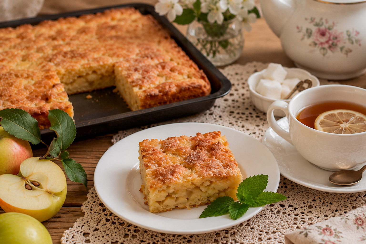 Итальянская шарлотка с яблоками, поданная к чаю