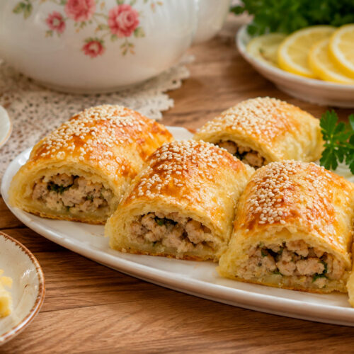 Румяные мини-кулебяки с мясной начинкой на тарелке с чашкой чая