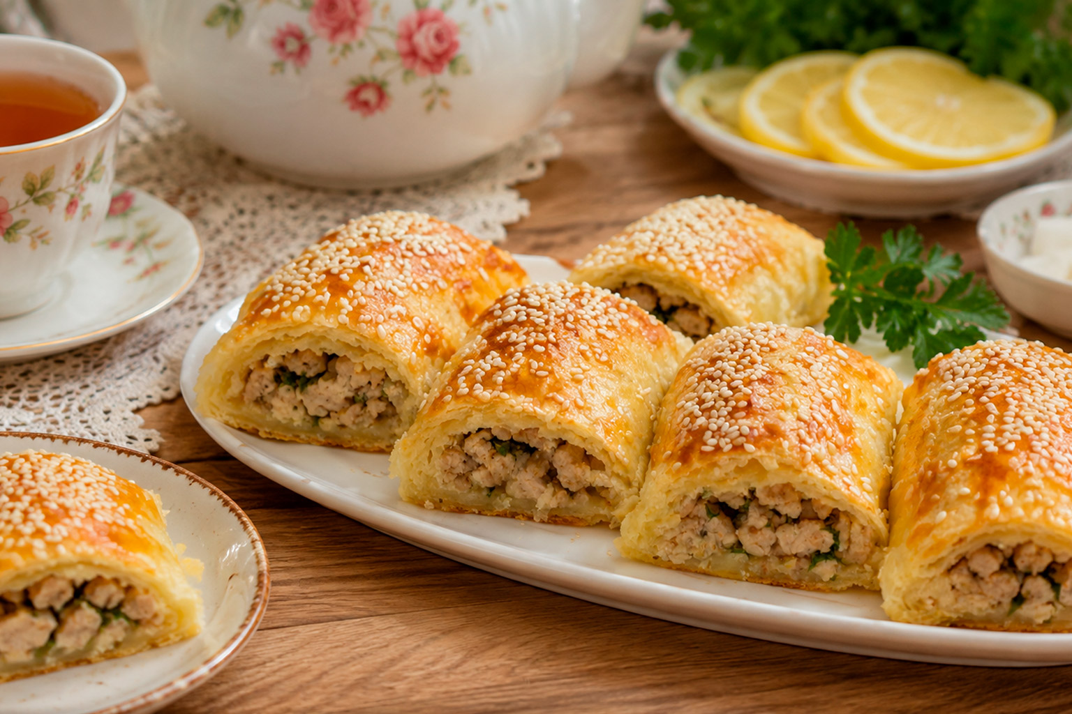 Румяные мини-кулебяки с мясной начинкой на тарелке с чашкой чая