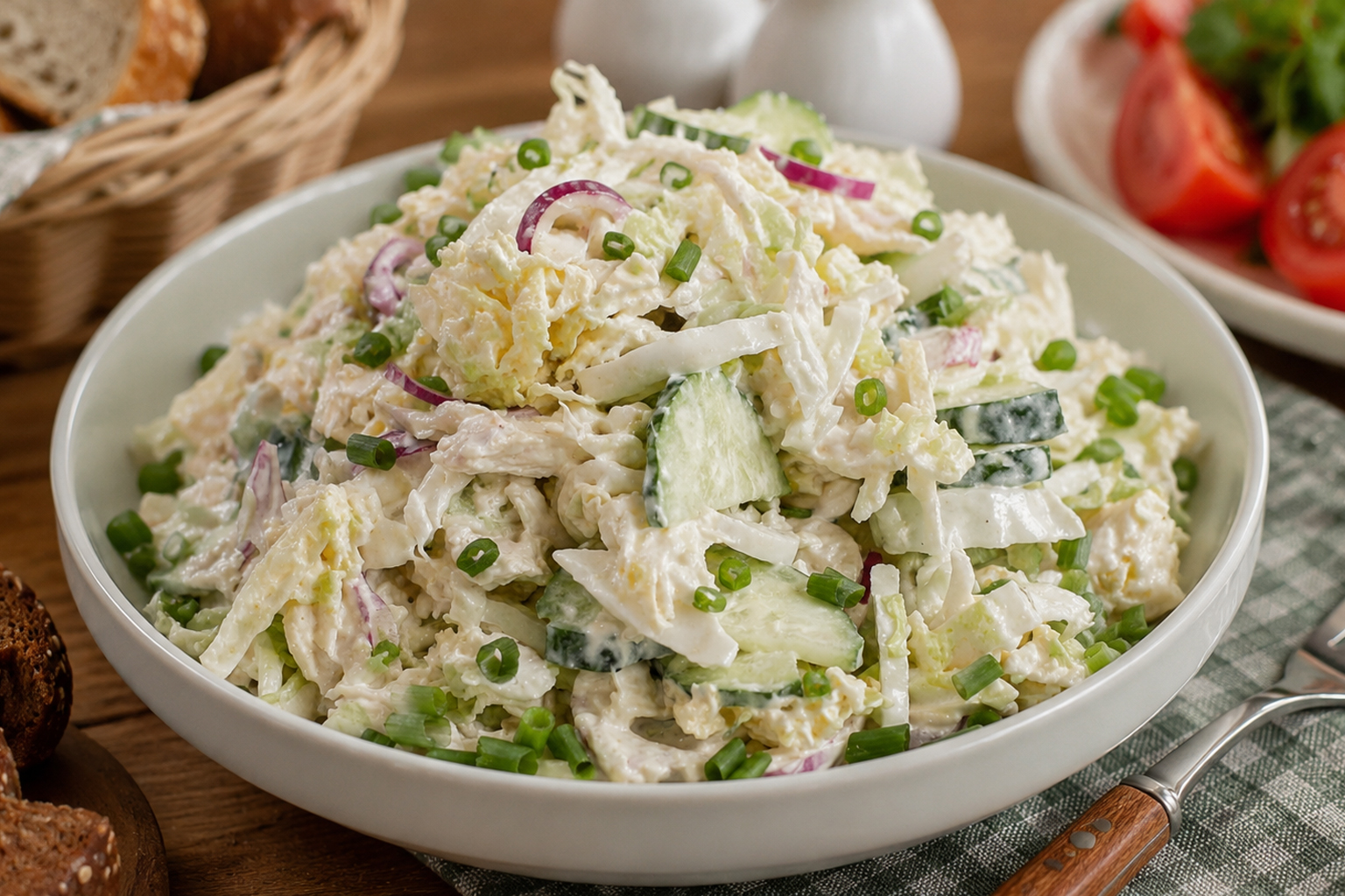 Сочный куриный салат с пекинской капустой в салатнице