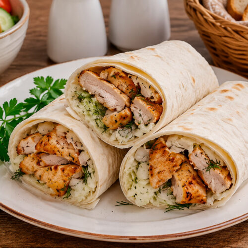 Разрезанный рулет из лаваша с сочной куриной грудкой и хрустящим салатом