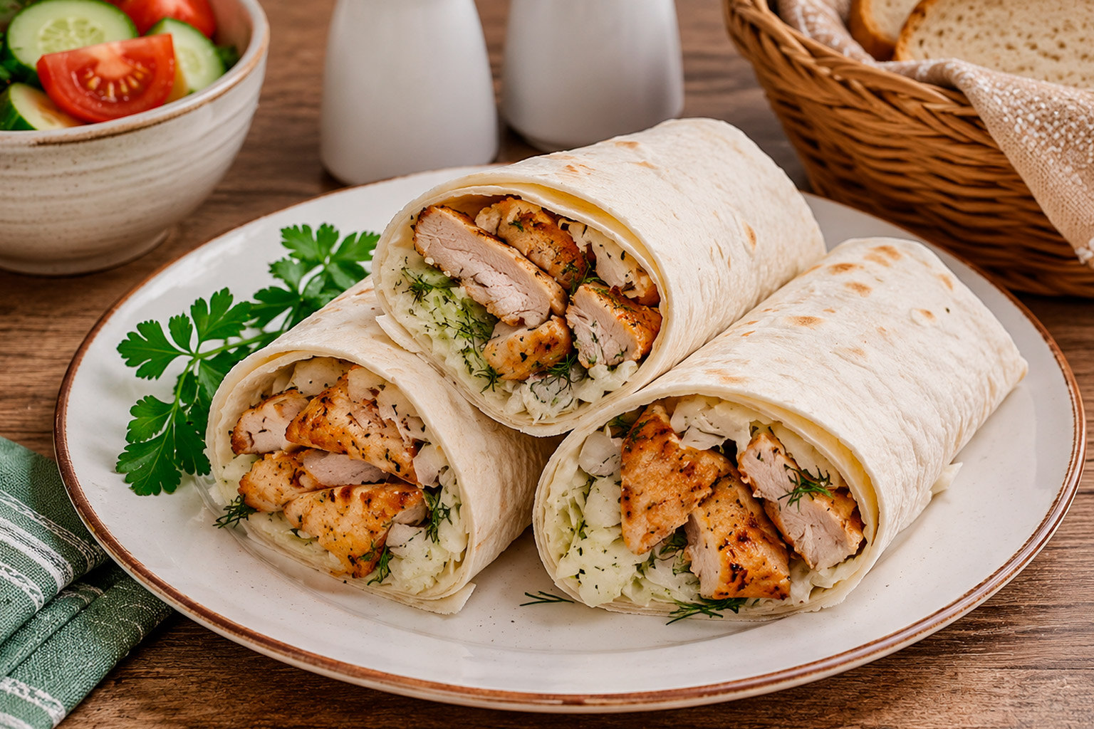 Разрезанный рулет из лаваша с сочной куриной грудкой и хрустящим салатом