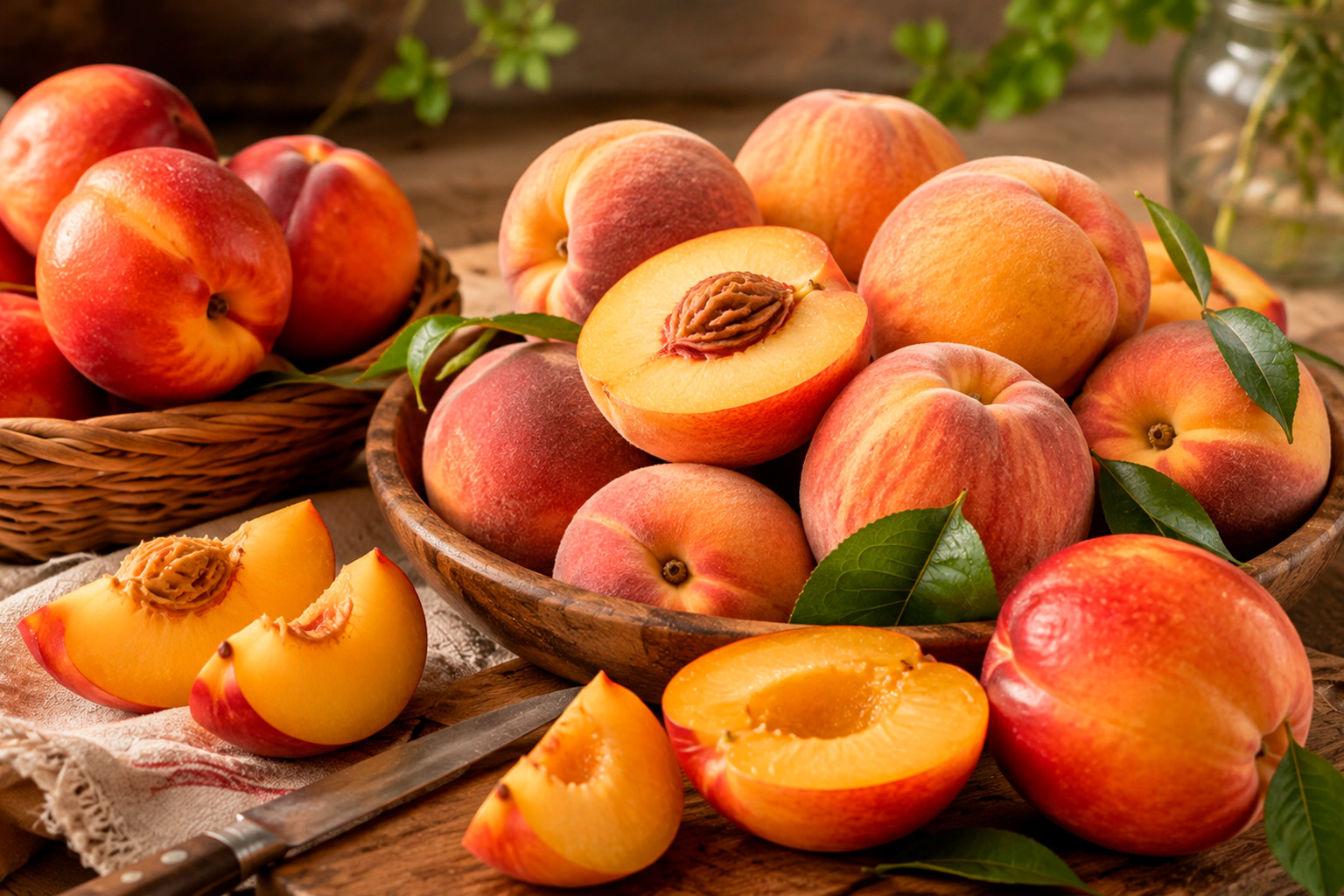 Спелые персики и нектарины в корзине на деревянном столе, рядом разрезанный фрукт.