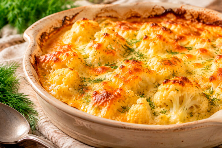 Запечённая цветная капуста с яйцом и сыром в керамической форме