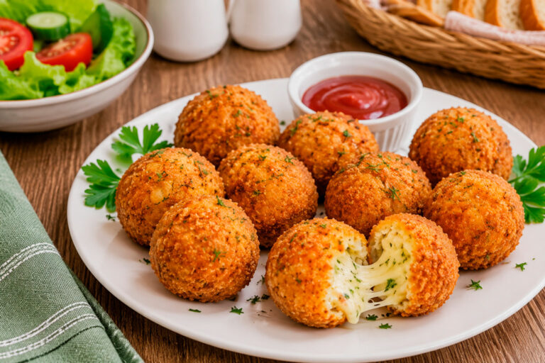 Хрустящие картофельные шарики с сыром на столе с соусом для подачи
