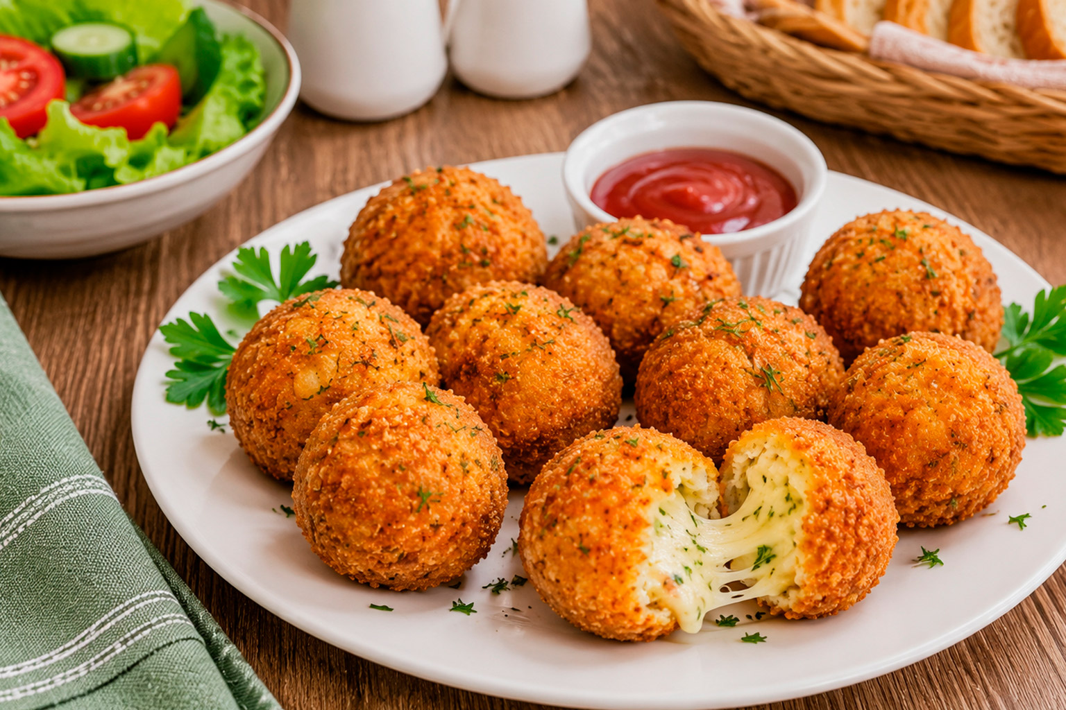 Хрустящие картофельные шарики с сыром на столе с соусом для подачи