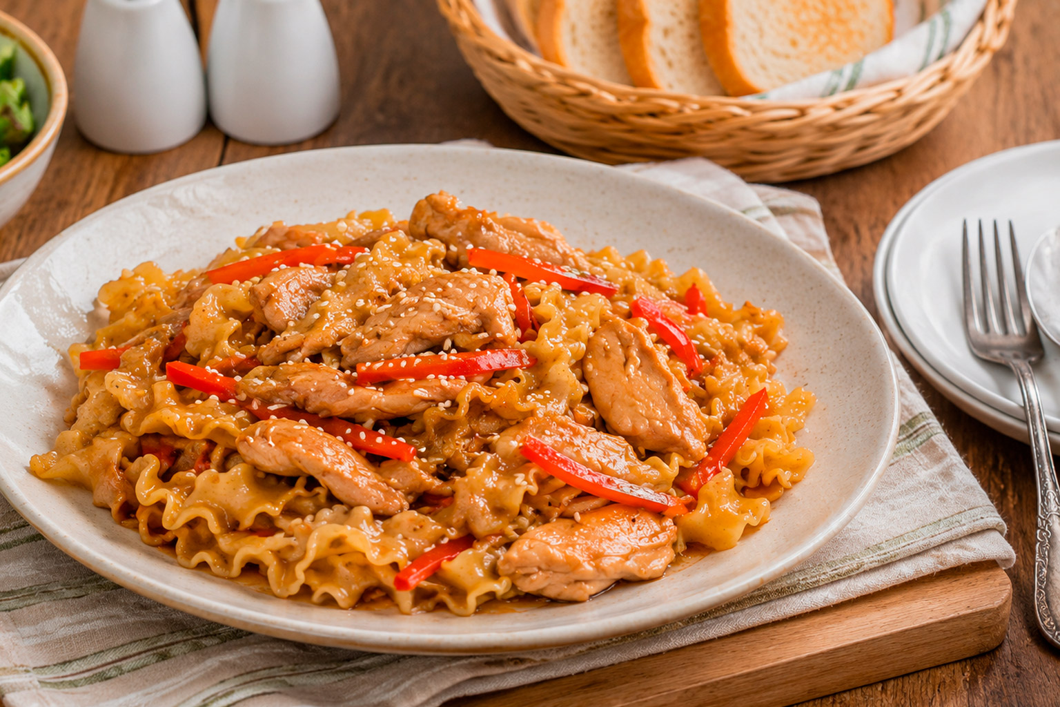 Готовое блюдо с куриной грудкой, лапшой и овощами в соевом соусе