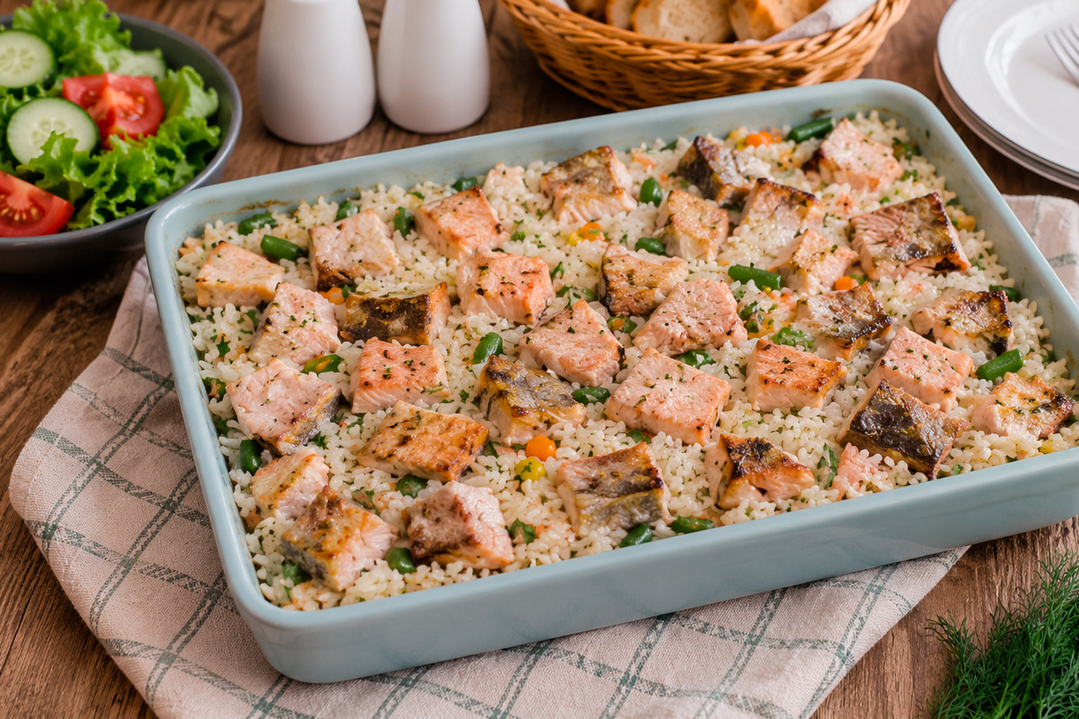 Готовая горбуша с рисом и овощами в форме для запекания